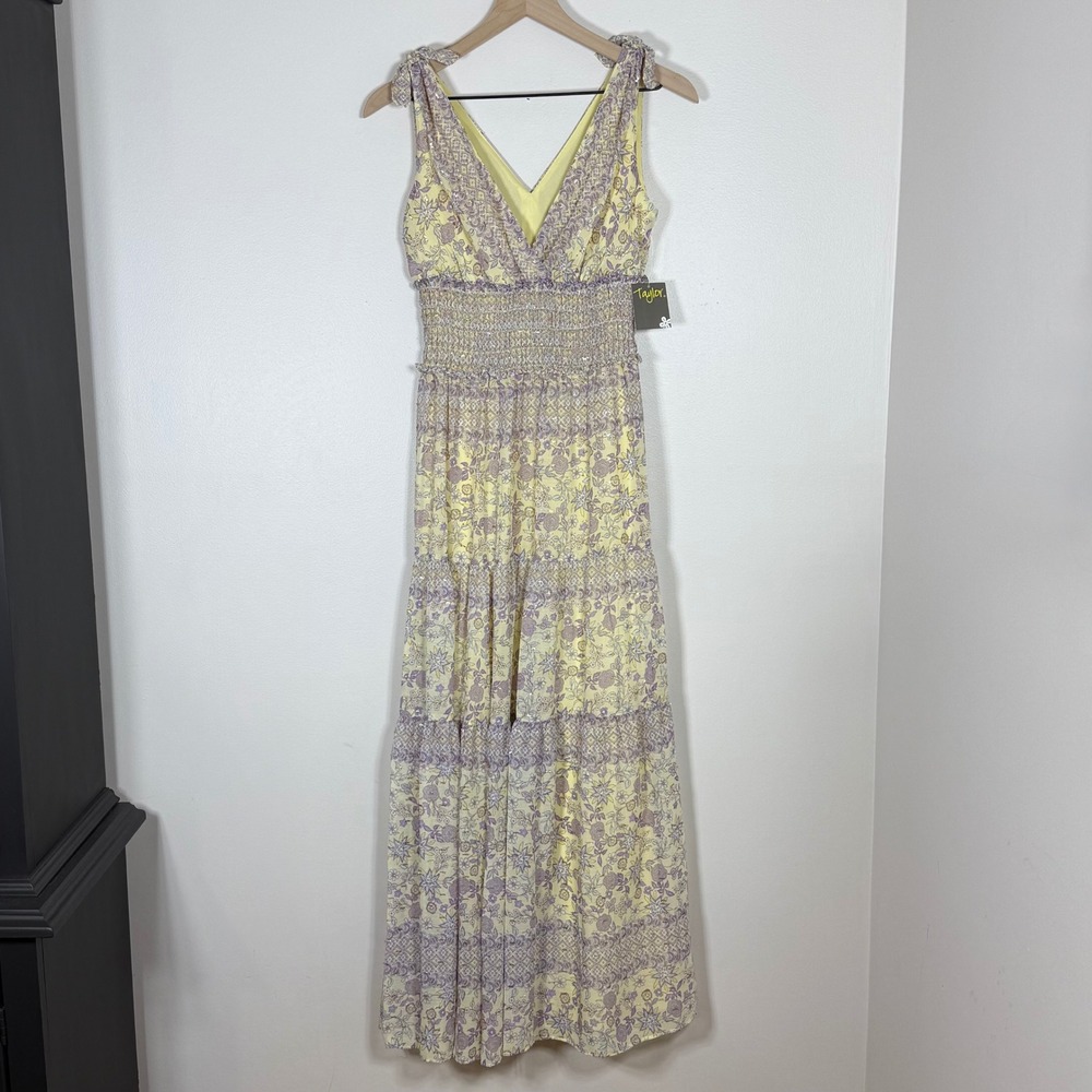 Taylor Floral Maxi Dress XS Yellow Lavender Empire Waist Garden Party Dainty